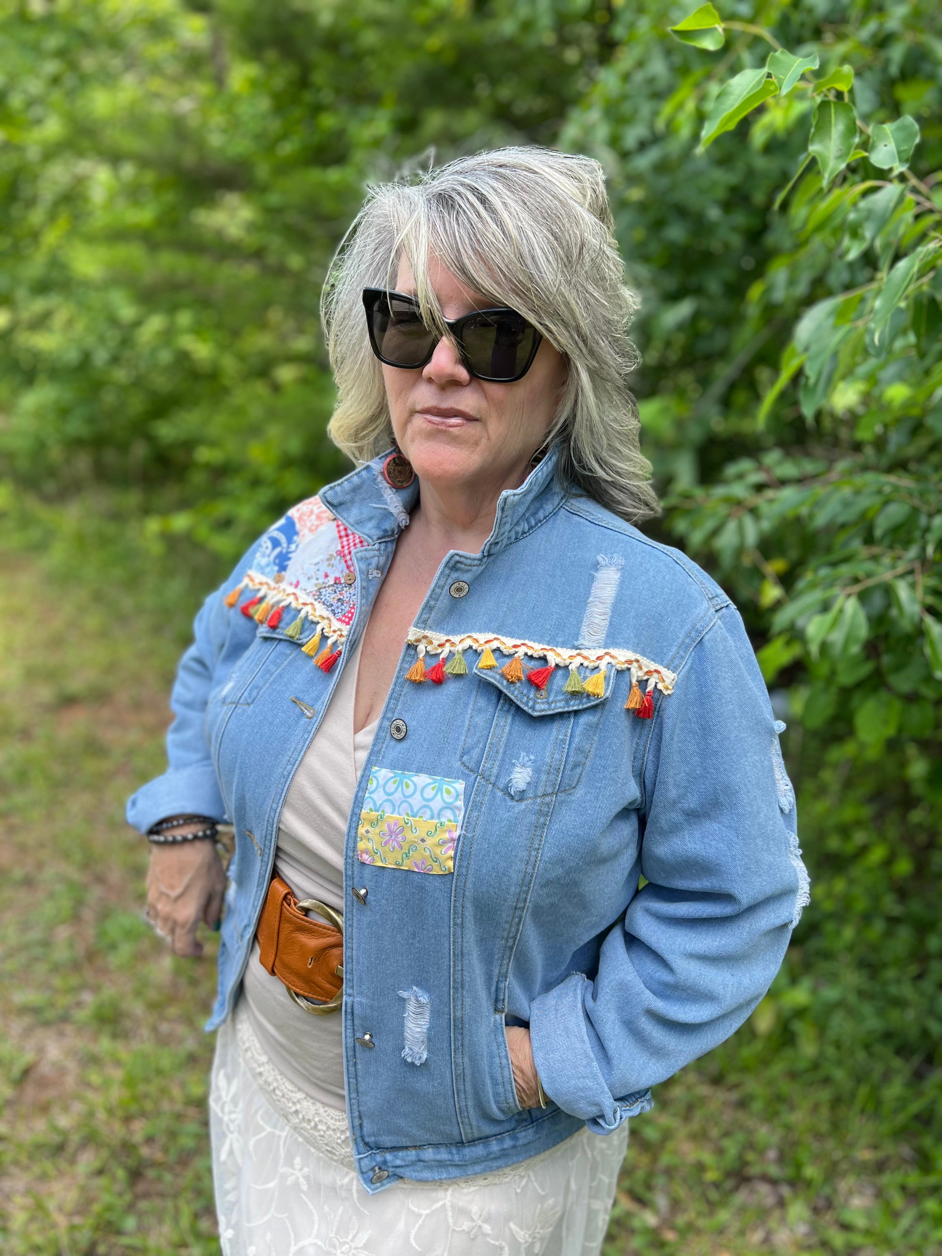 Quilted Distressed Boho Denim Jacket