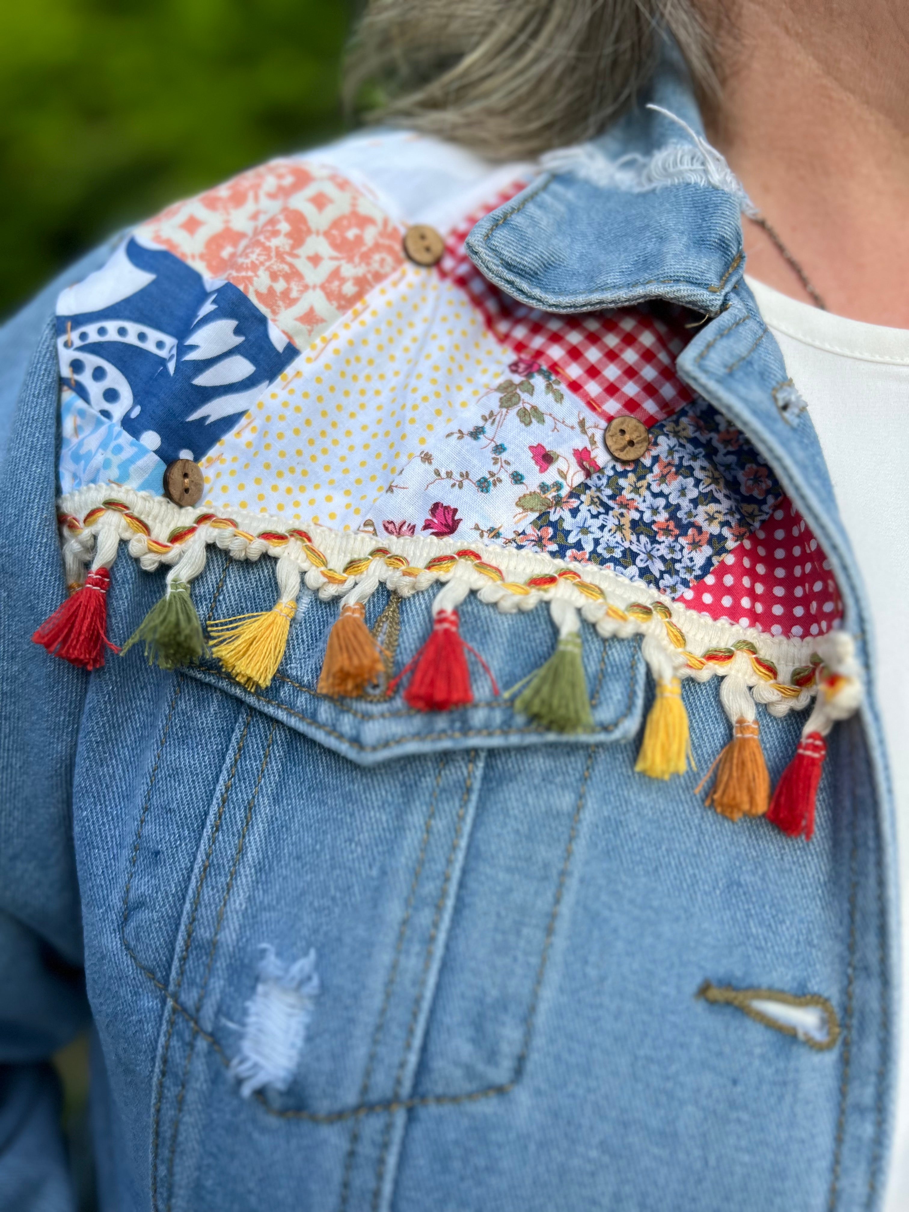 Quilted Distressed Boho Denim Jacket