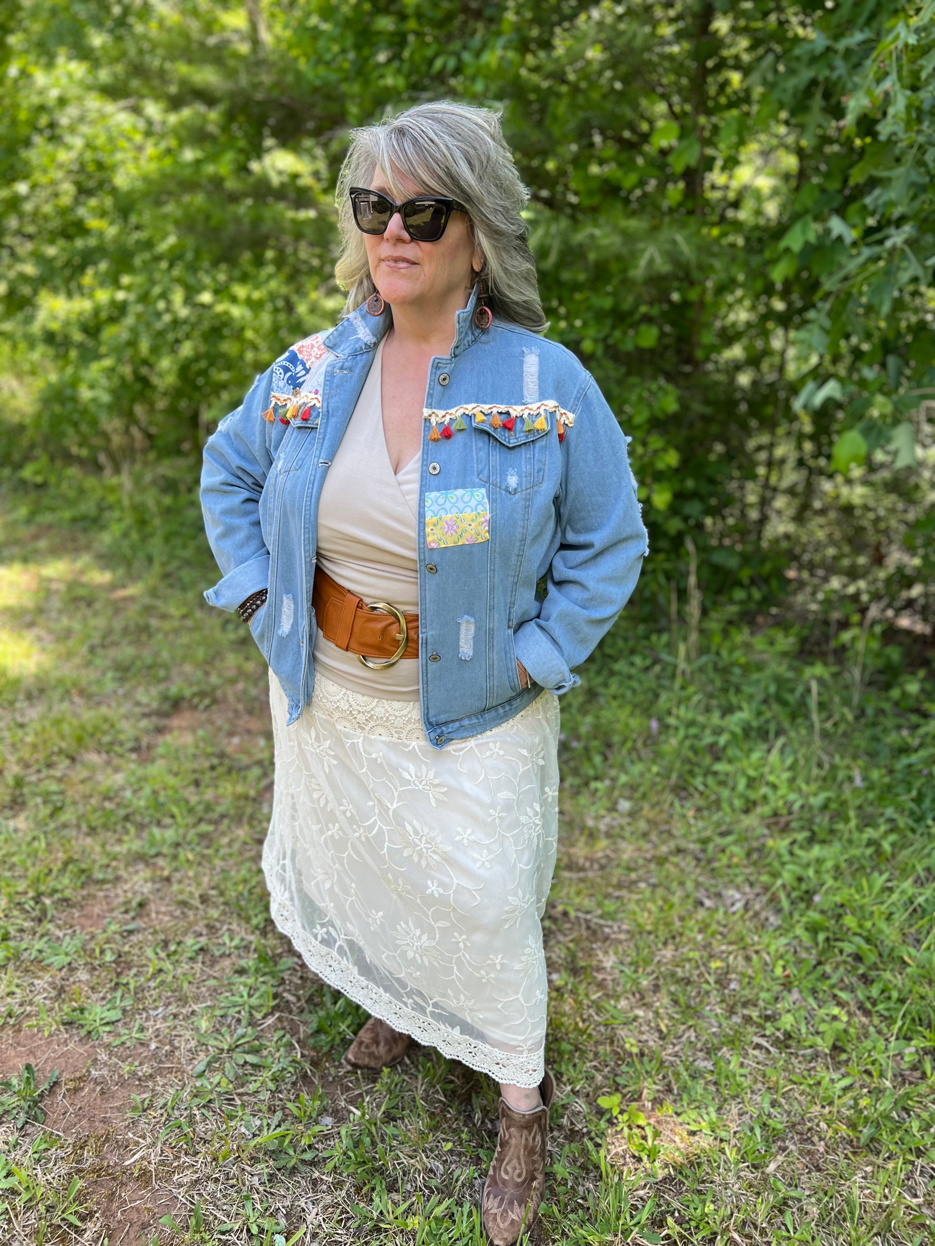 Quilted Distressed Boho Denim Jacket
