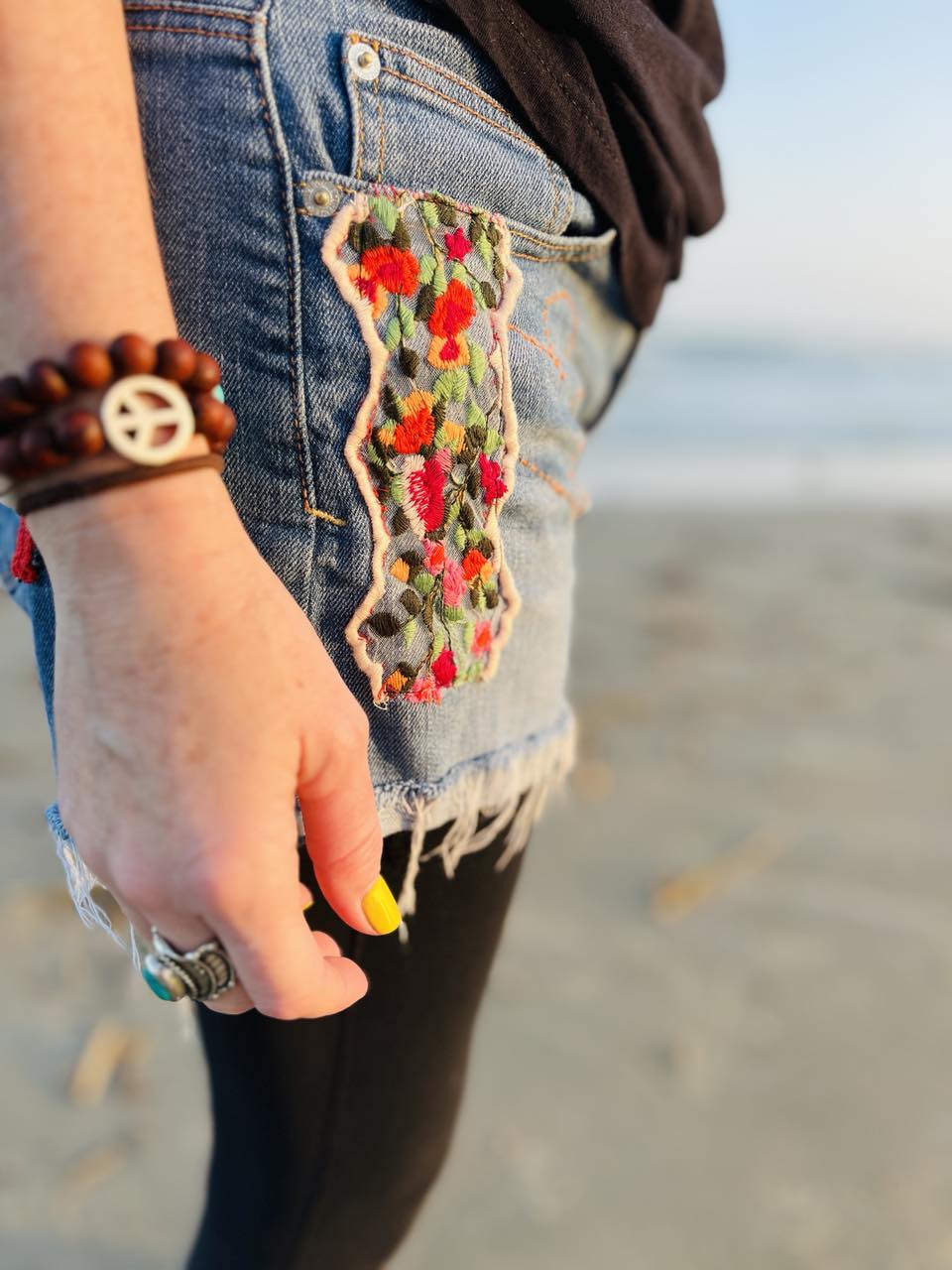 Upcycled Boho-Chic Jean Shorts with Handstitched Details