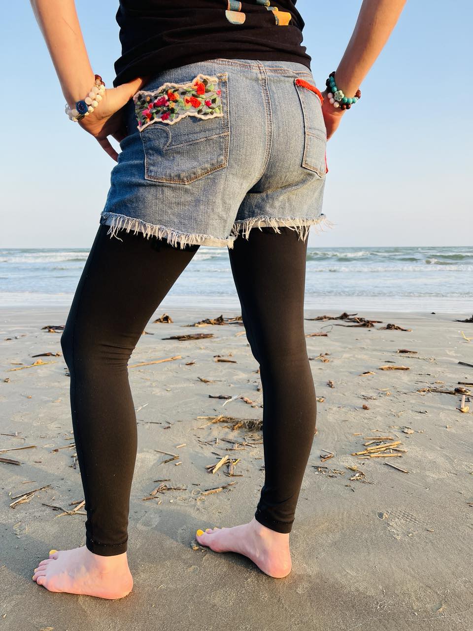 Upcycled Boho-Chic Jean Shorts with Handstitched Details
