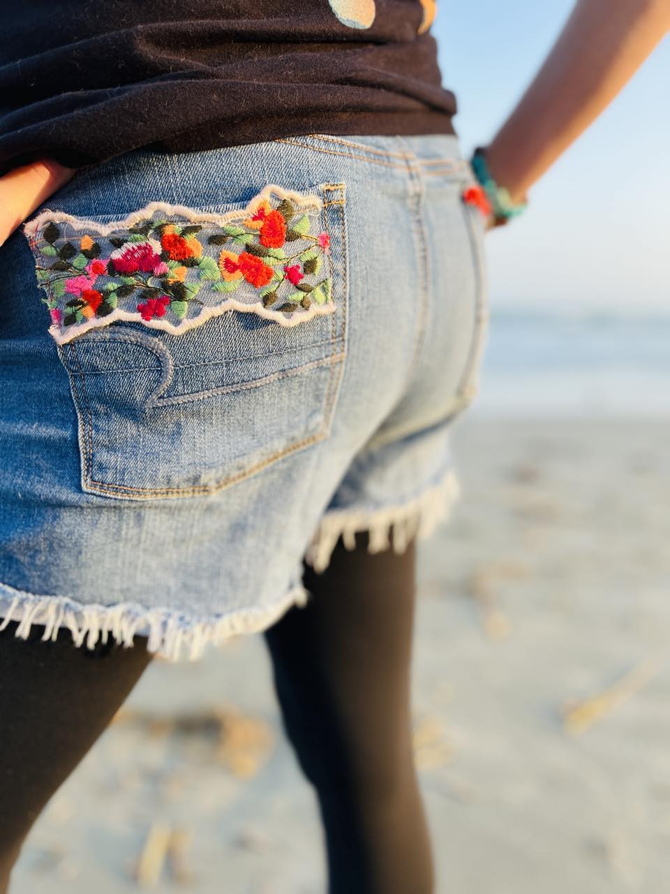 Upcycled Boho-Chic Jean Shorts with Handstitched Details