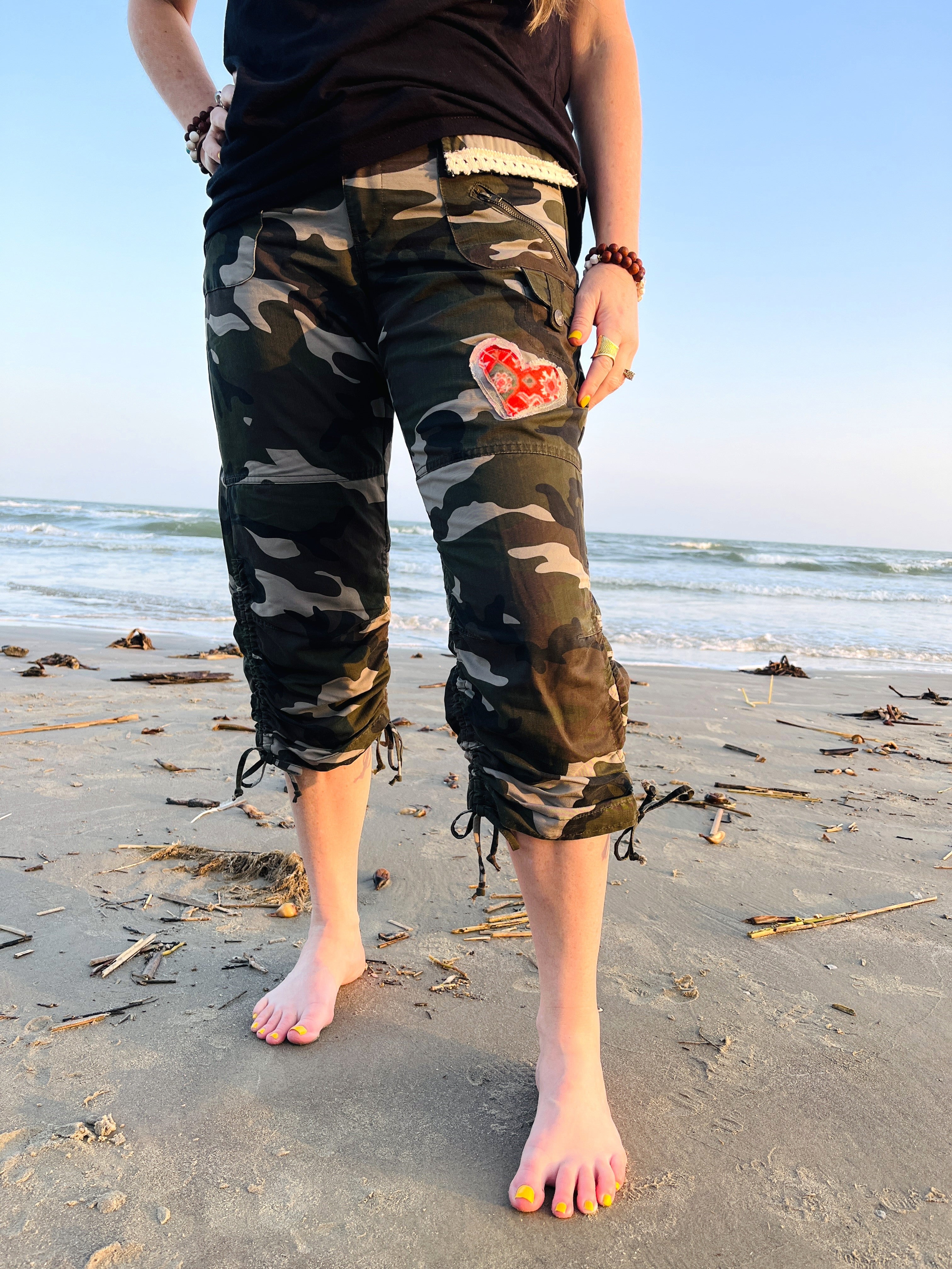 "Heartfelt Camo" – Refurbished Cropped Camo Pants with Artisan Touches