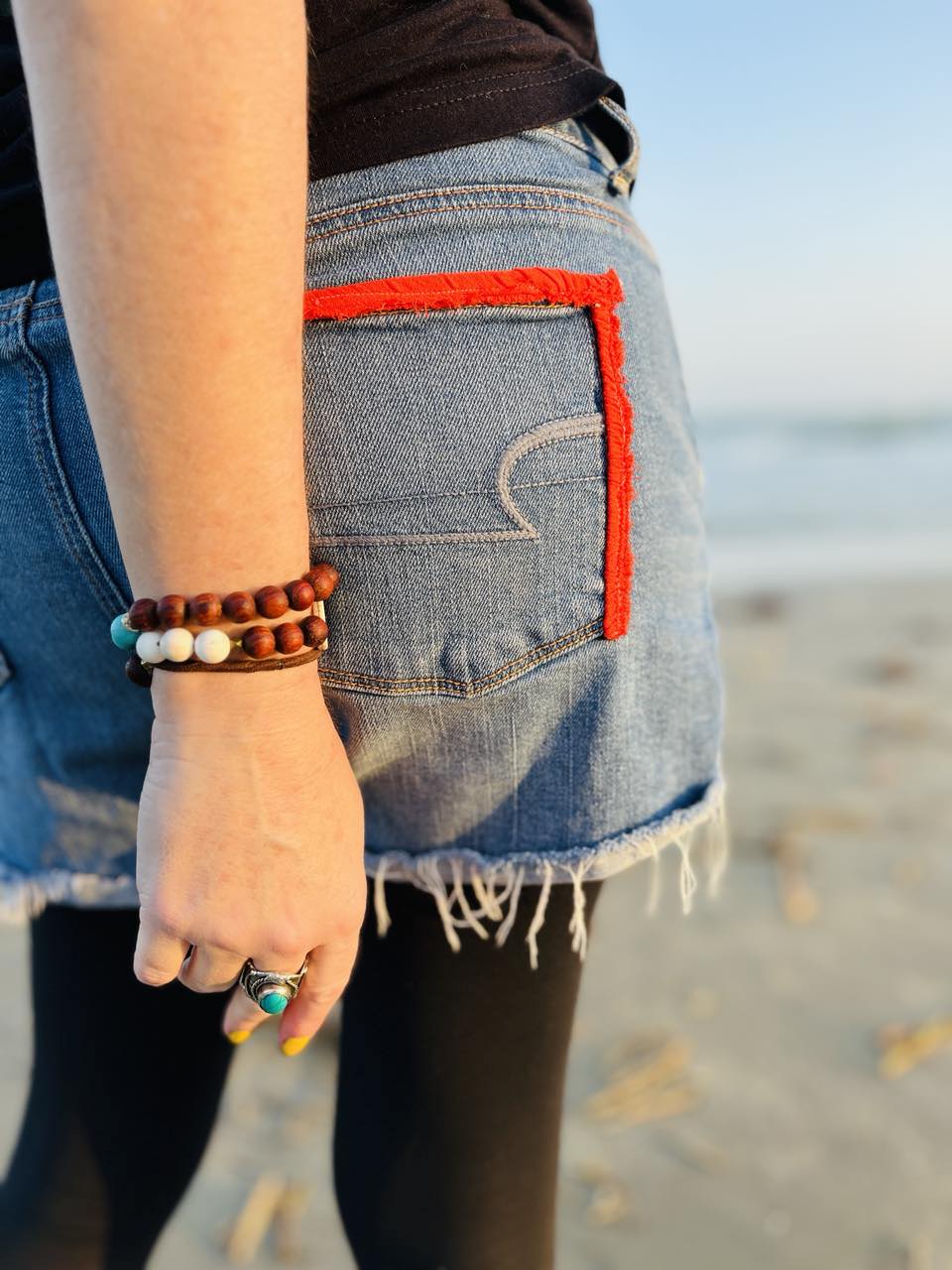 Upcycled Boho Chic Jean Shorts with Handstitched Details